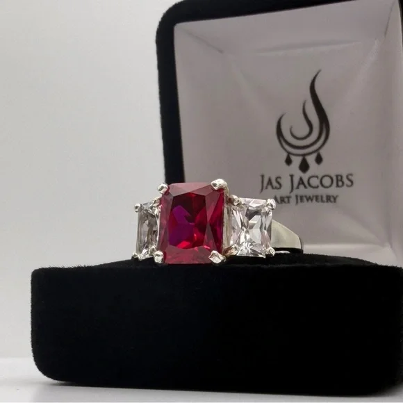6ctw Lab Ruby Three Stone Ring White Sapphire Side Stones Size 7 - Picture 4 of 4